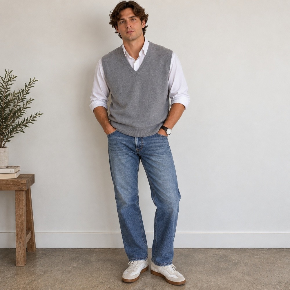 Vintage 90s Men Wool V-Neck Sweater Vest Size XL Academia Preppy Classic Grandpa